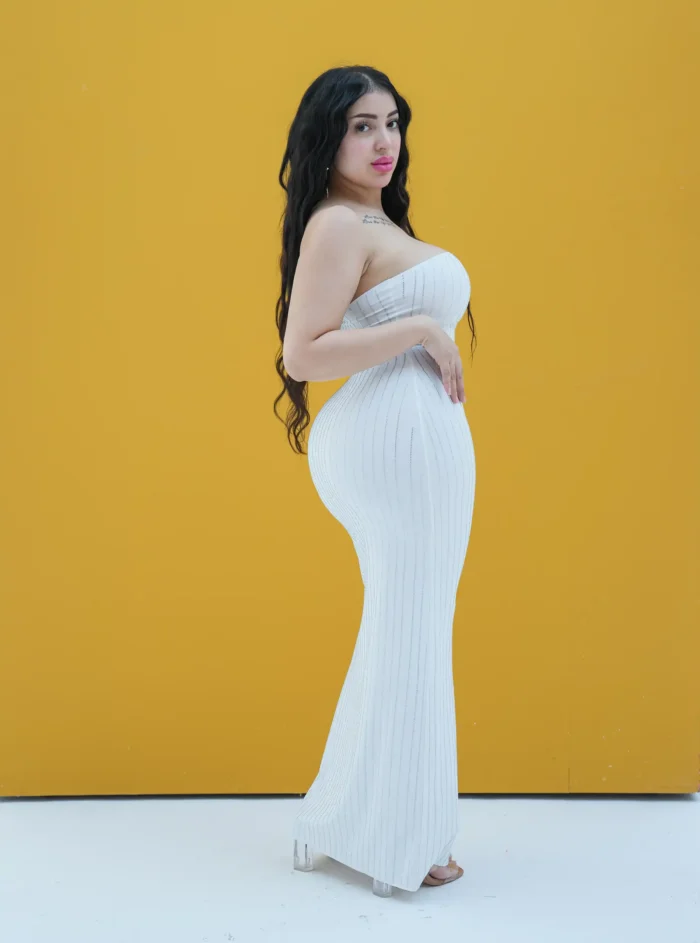 Long strapless dress with straight stone lines - Image 1