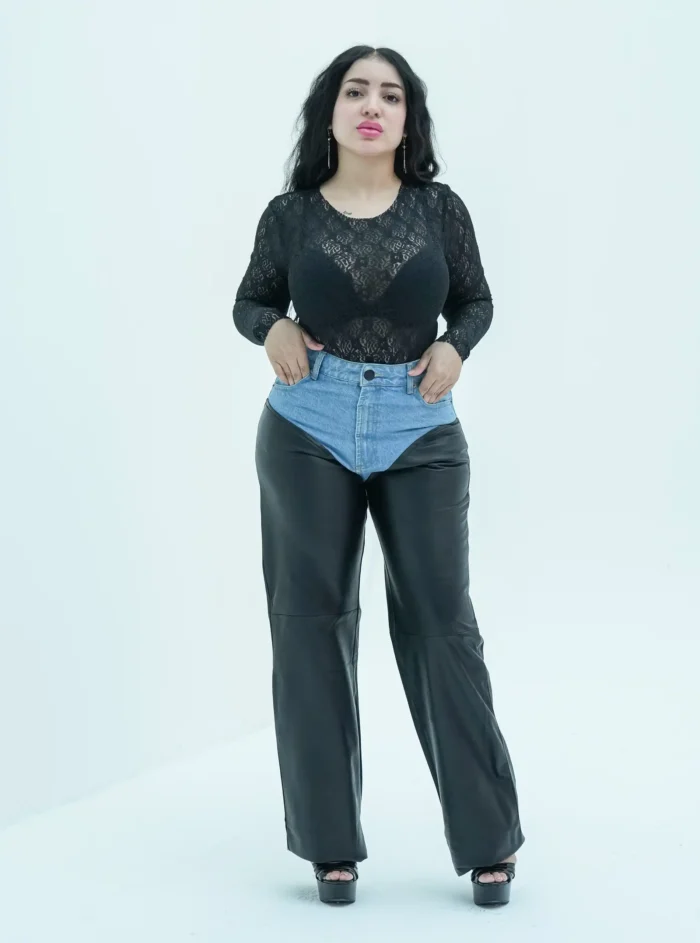 Thick faux leather pants with jeans waist - Image 3